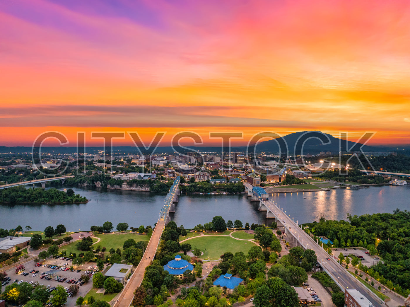 Aerial view of Chattanooga at sunset with Walnut Street Bridge