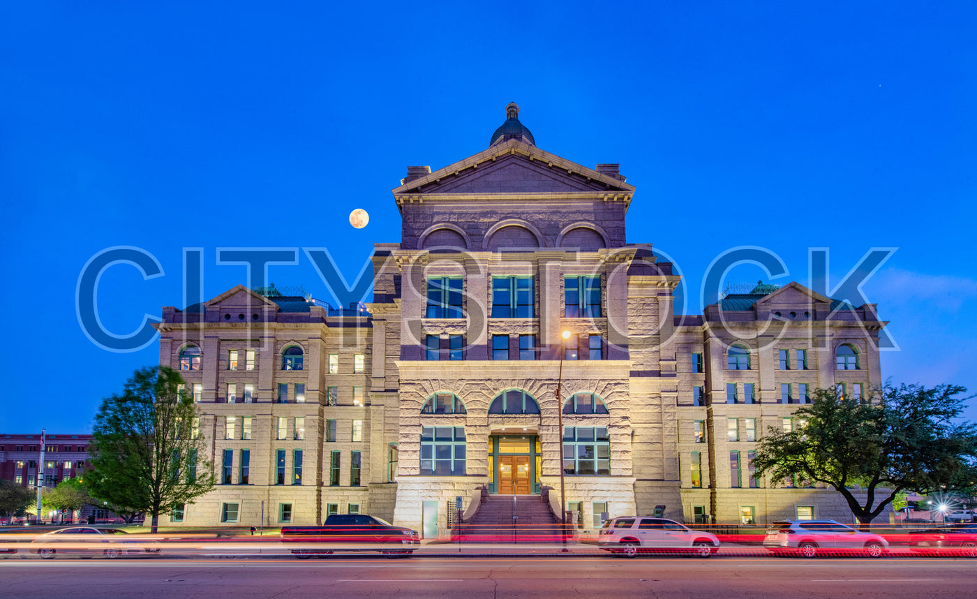Twilight and full moon over Fort Worth Courthouse, Texas