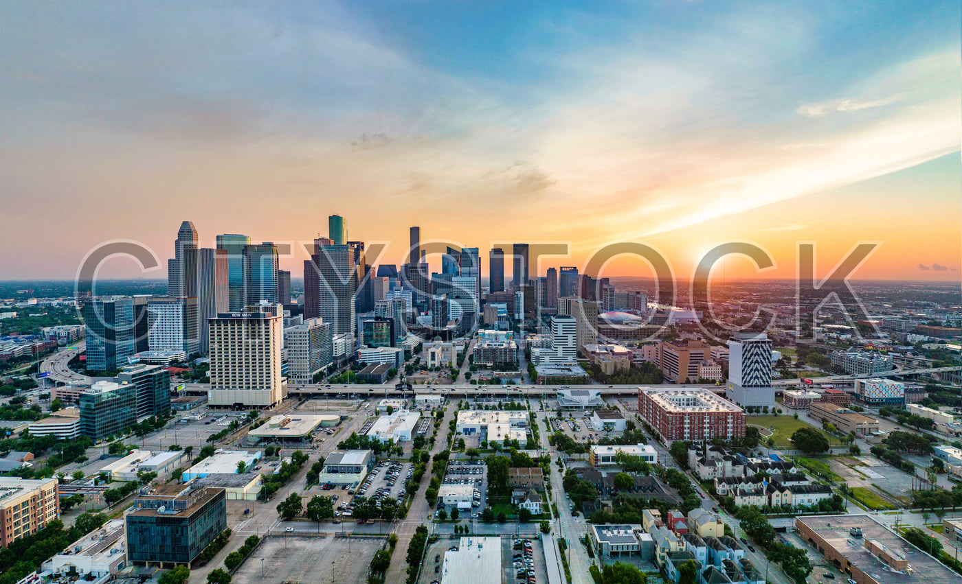 Panoramic sunset view of downtown Houston, Texas