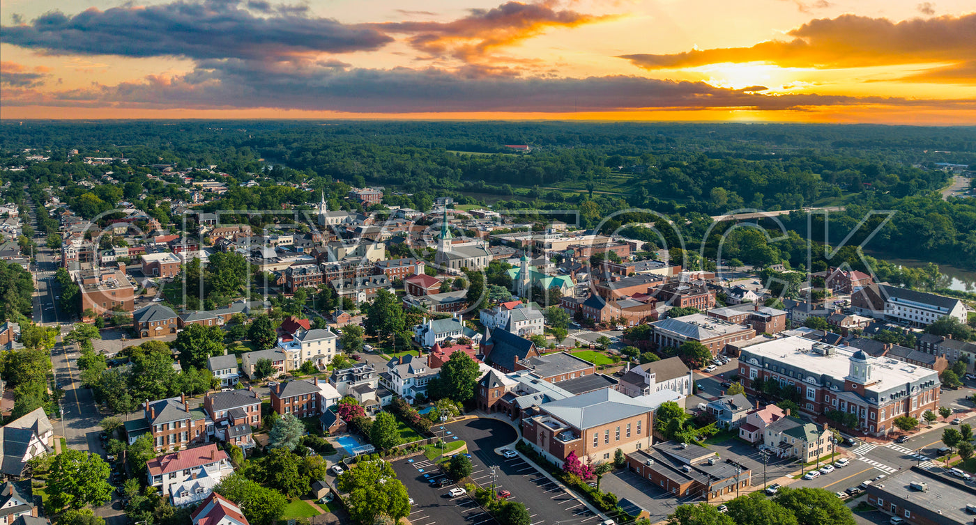 Aerial view of Fredericksburg, Virginia at sunset with river