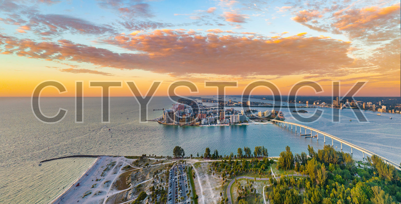 Aerial view of Clearwater Beach Marina at sunrise, Florida