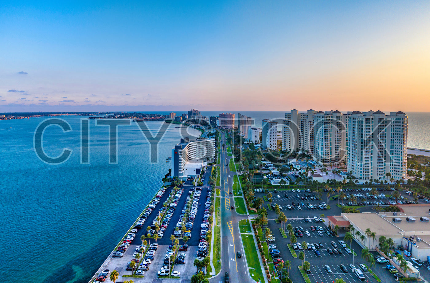 Aerial view of Clearwater skyline and waterfront at sunset, Florida