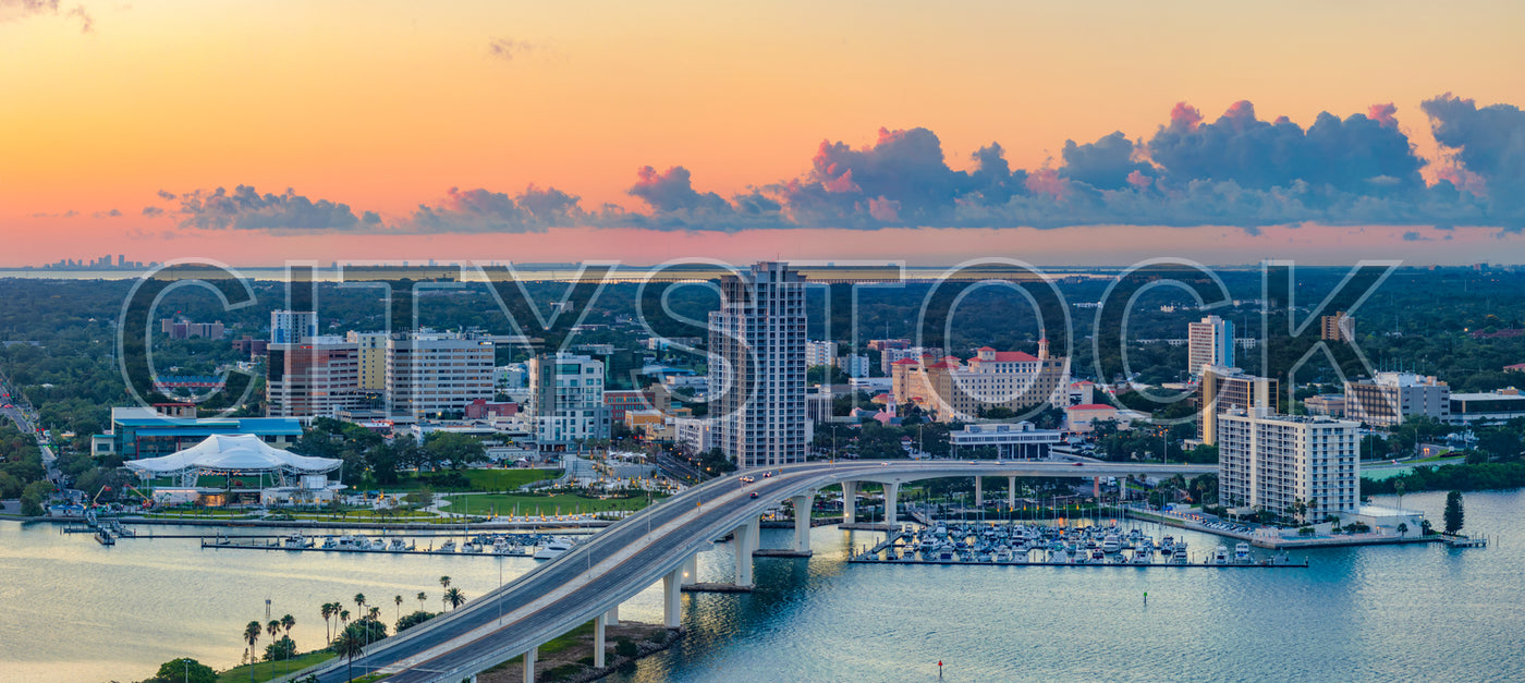 Clearwater, FL Marina at Sunset with City Skyline