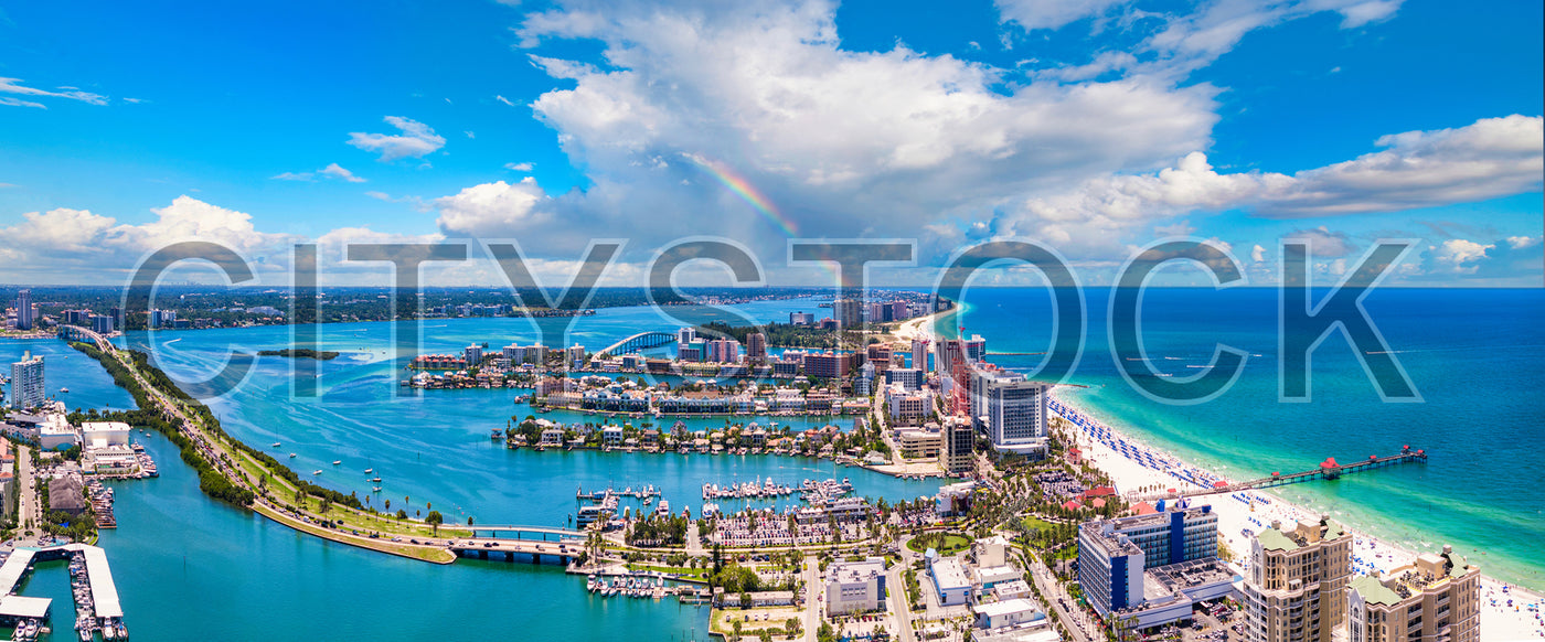 Aerial view of Clearwater, Florida with rainbow and beach