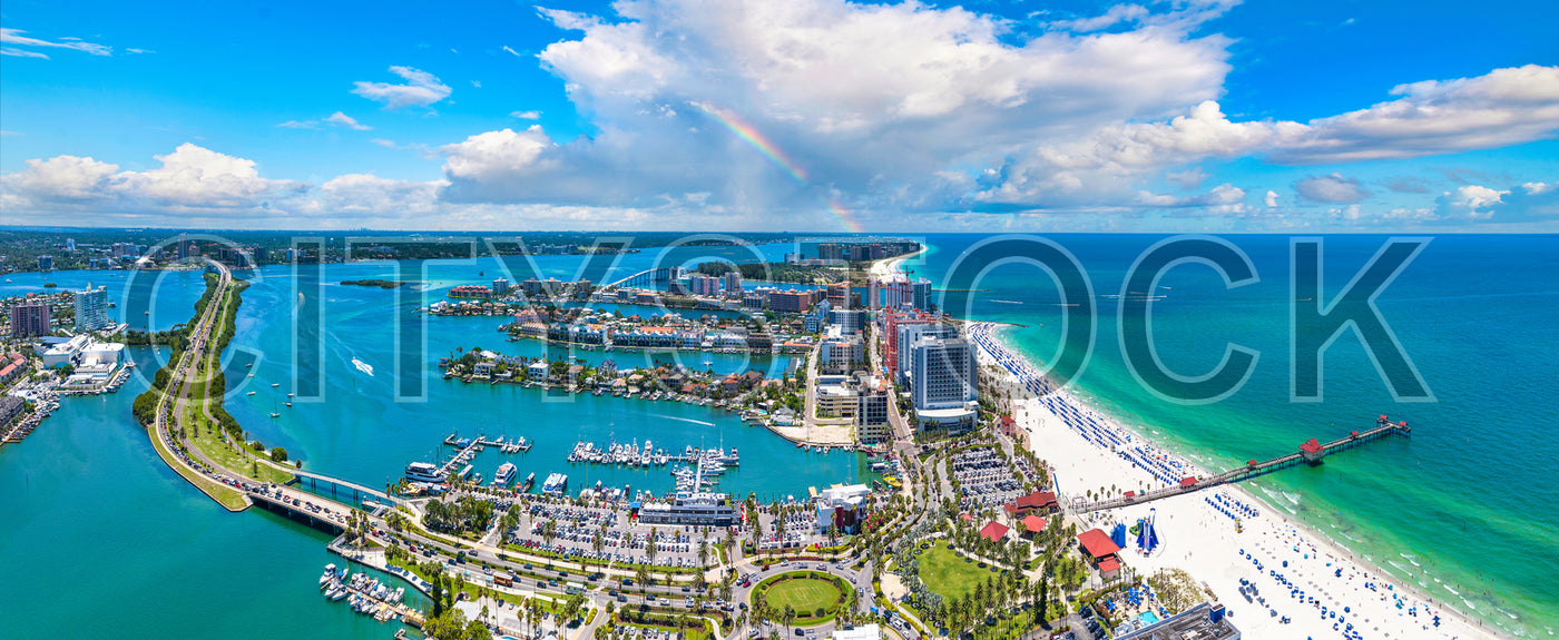 Aerial view of Clearwater, Florida marina and beach with rainbow