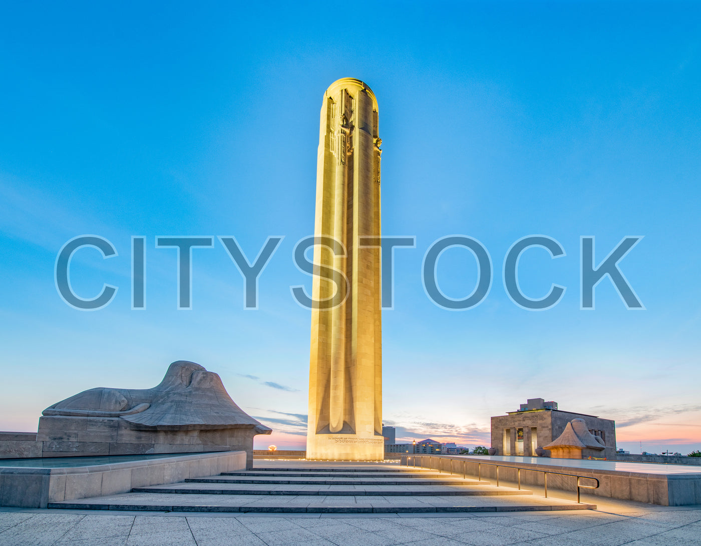 Sunset view of Liberty Memorial Tower in Kansas City, Missouri