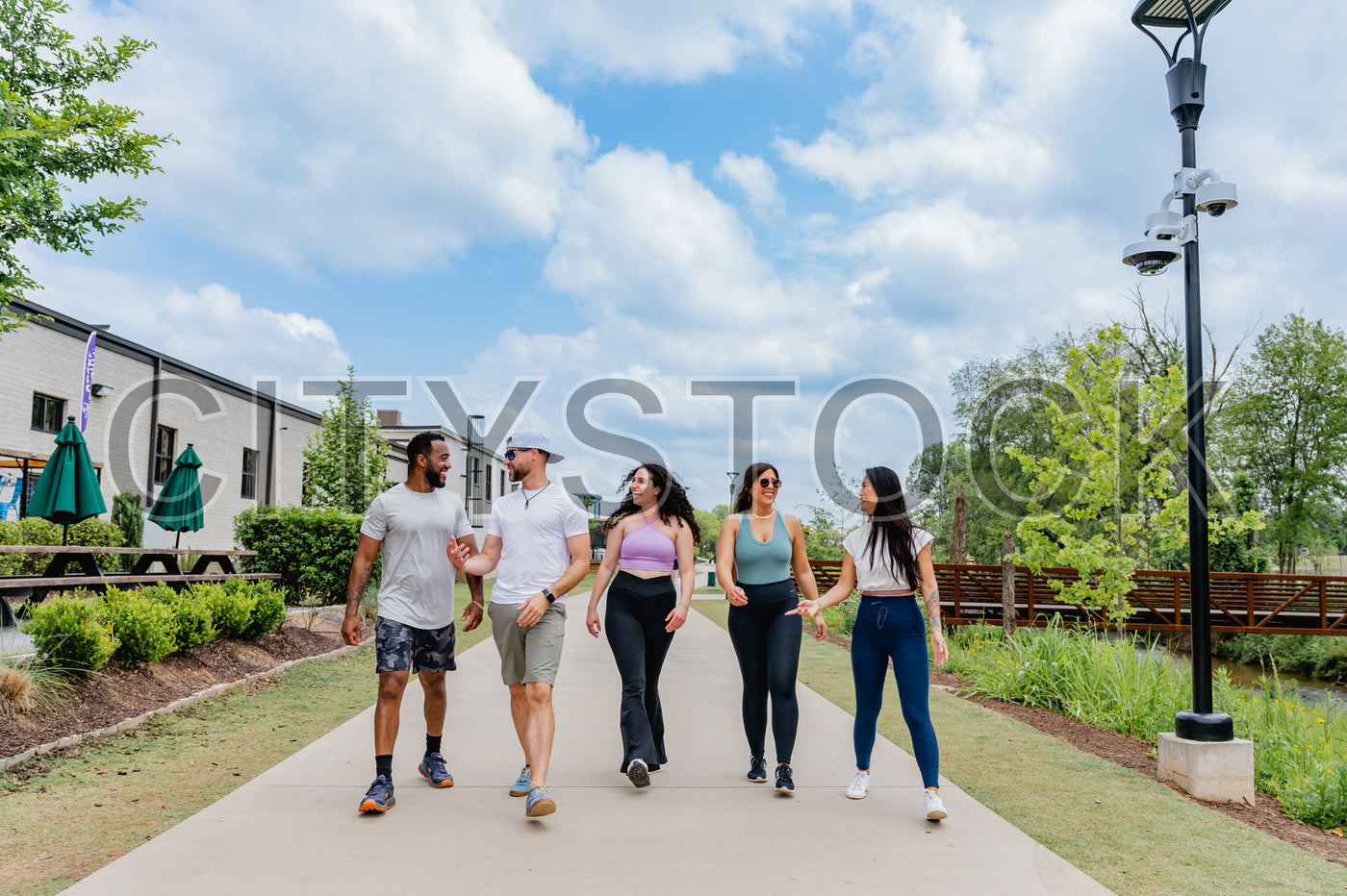 Group of young adults walking and chatting in Greenville Park on a sunny day