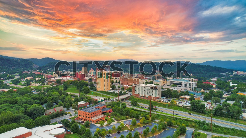 Aerial View of Asheville and Blue Ridge Mountains at Sunset
