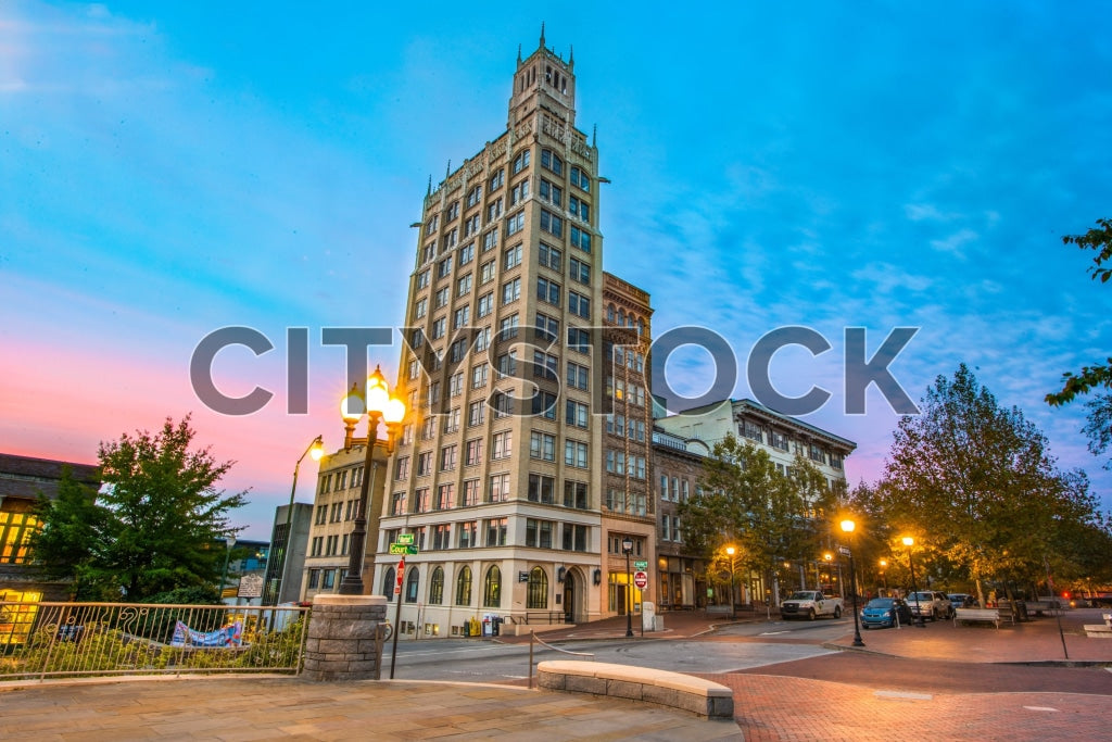 Asheville downtown at sunrise showcasing historic architecture