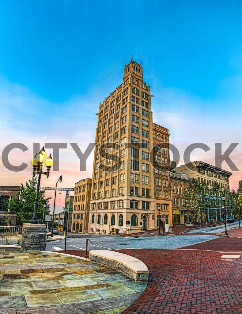 Early morning view of historical Asheville tower against blue sky