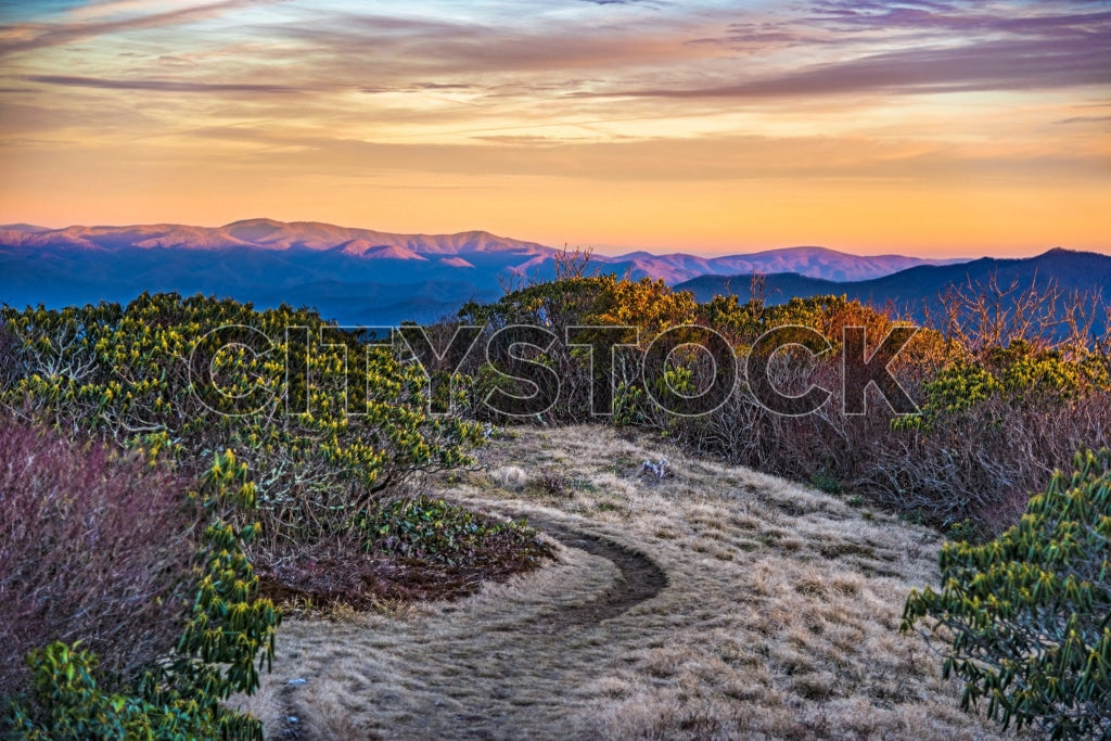 Sunrise over Asheville mountain trail with autumn colors