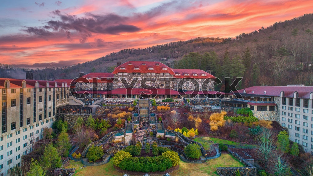Aerial view of luxurious resort in Asheville, NC during sunset