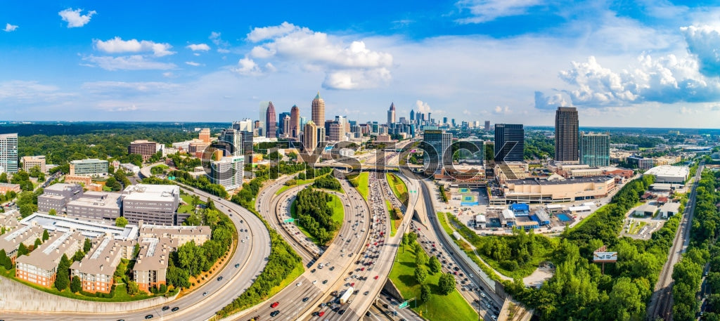 Aerial view of Atlanta cityscape with highways and skyscrapers