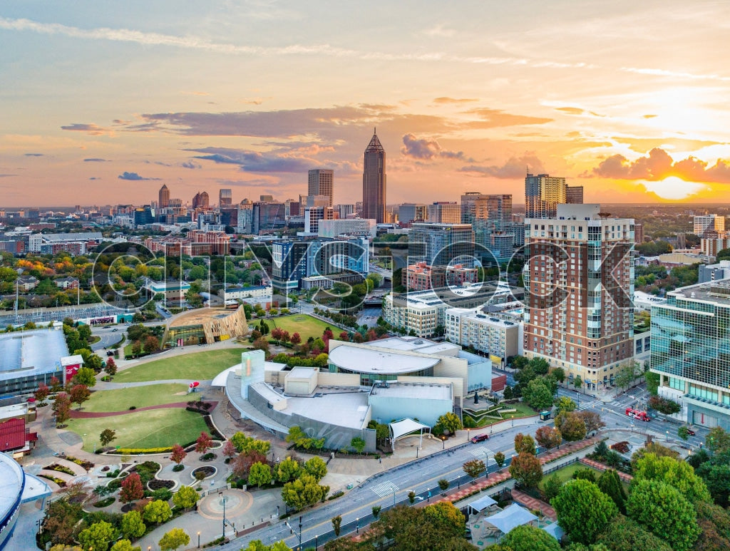 Aerial view of Atlanta skyline with Centennial Park at sunset