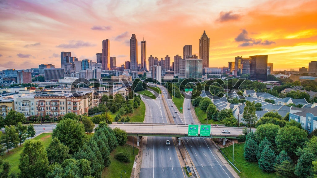 Atlanta skyline with SunTrust Plaza and highways at sunrise