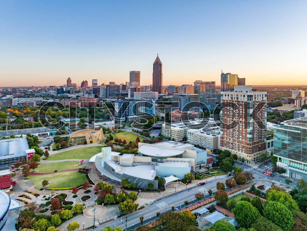 Aerial view of Atlanta skyline with Centennial Olympic Park at sunrise