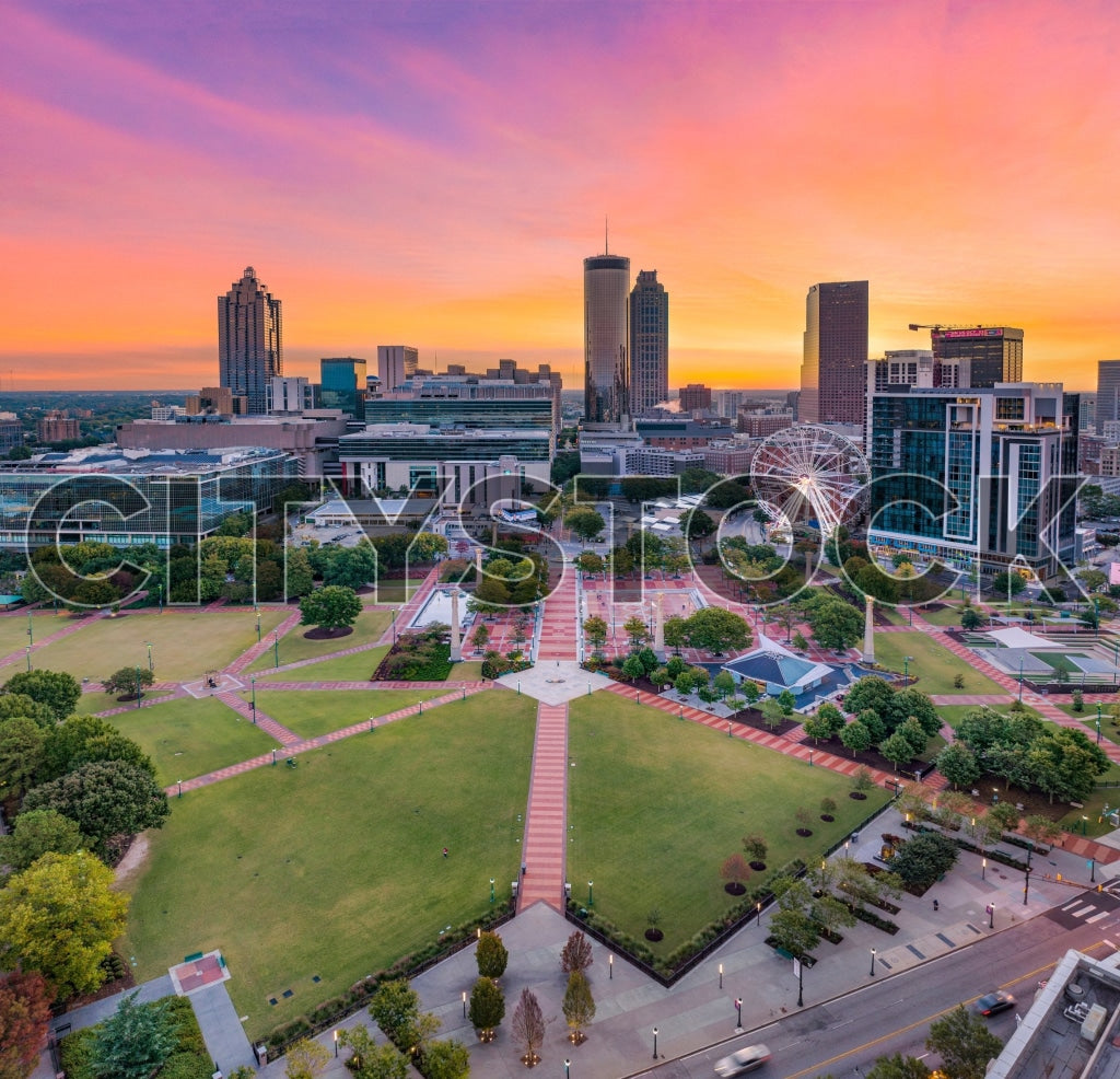 Atlanta Cityscape at Sunrise with Ferris Wheel and Green Park
