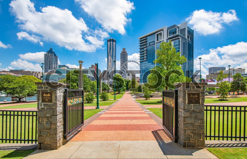Scenic view of Atlanta skyline from Centennial Olympic Park under blue sky