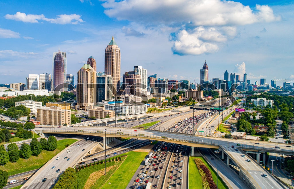 Aerial view of Atlanta skyline with highways and skyscrapers