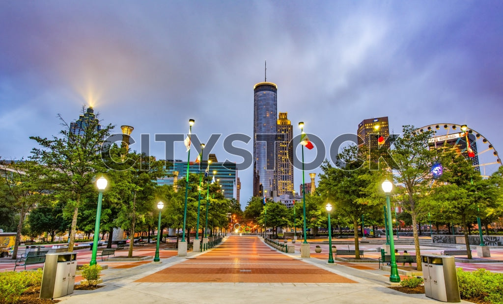 Atlanta skyline at dawn featuring Westin Peachtree and Centennial Park