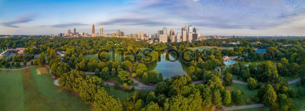 Aerial view of Atlanta skyline and Piedmont Park at sunrise