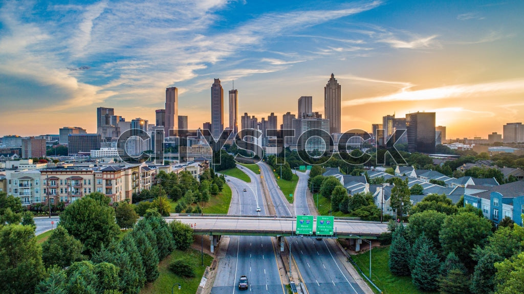 Stunning aerial sunrise view of Atlanta's city skyline, Georgia