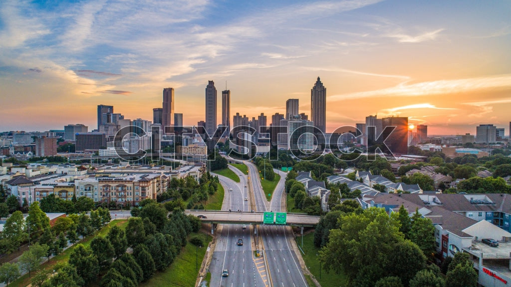 Aerial sunset view of downtown Atlanta showcasing skyscrapers