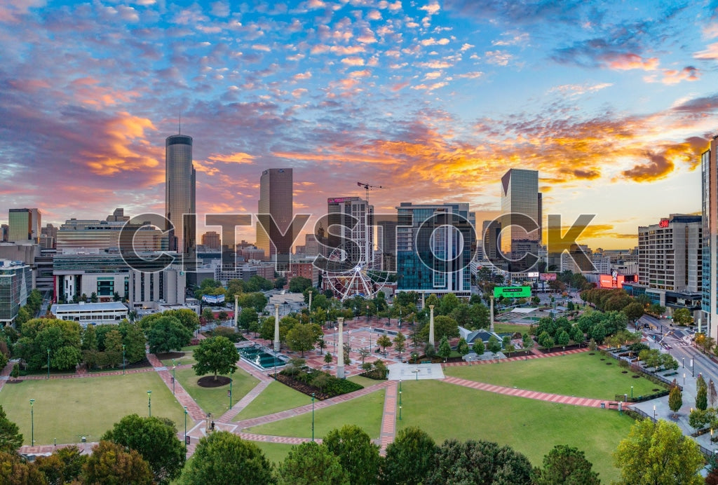 Aerial view of sunrise over Centennial Olympic Park, Atlanta skyline