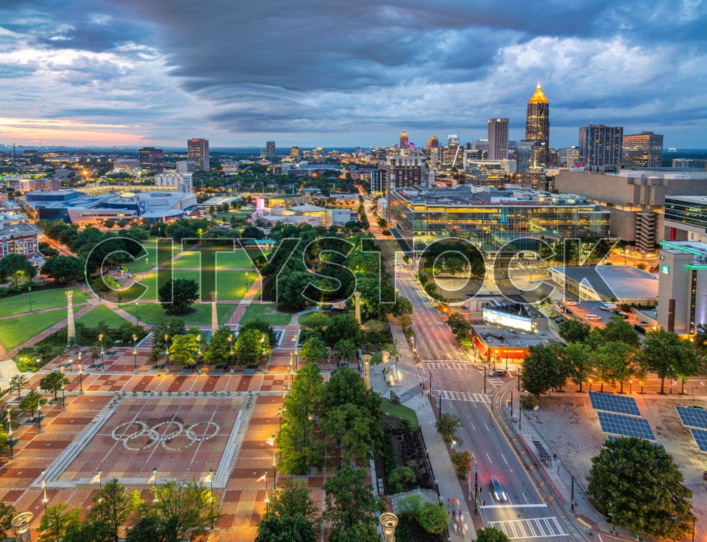 Sunset view of Centennial Olympic Park and Atlanta skyline
