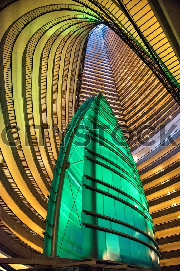 Spiral atrium with modern architecture and green lighting in Atlanta