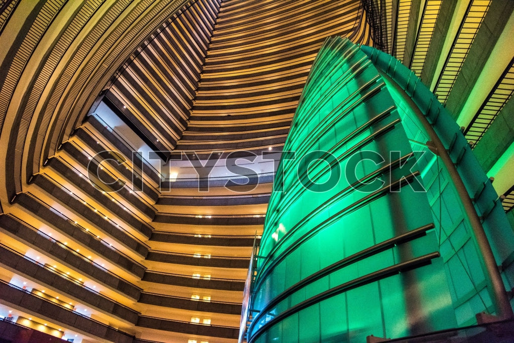 Modern Atlanta high-rise interior with teal lighting accents