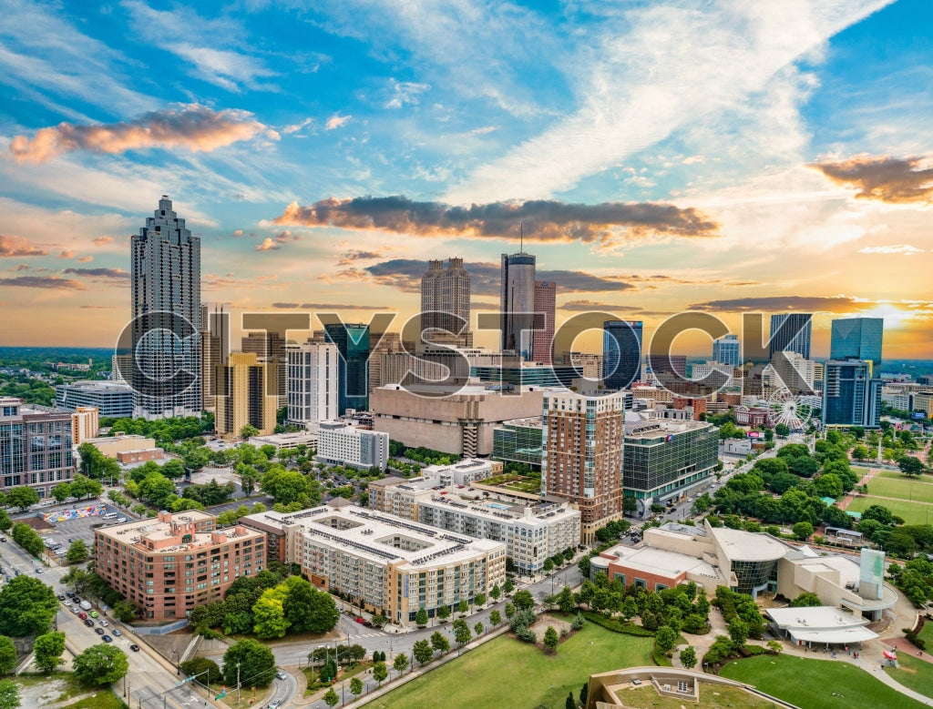 Aerial sunset view of Atlanta's skyscrapers and parks