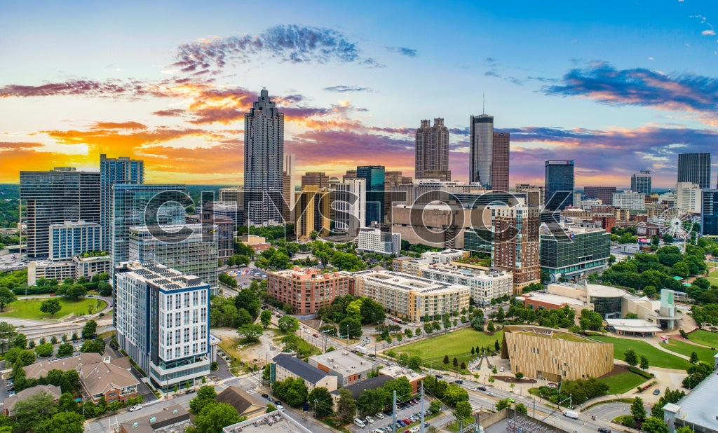 Vibrant sunset illuminating Atlanta's downtown skyscrapers, USA