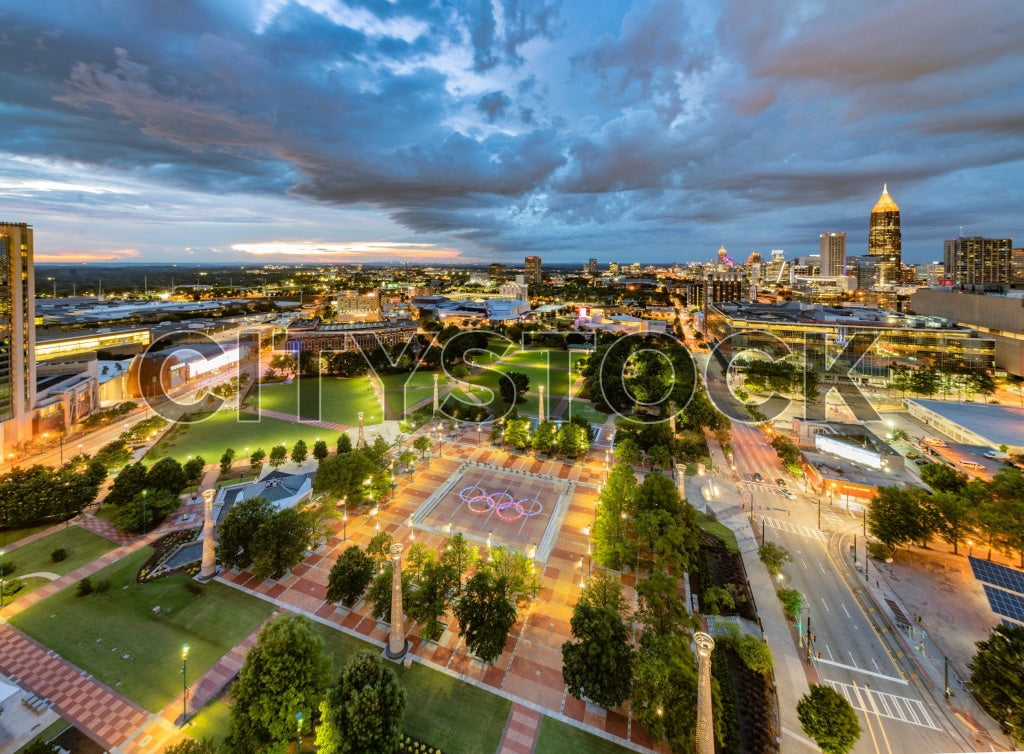 Aerial view of Atlanta skyline and Centennial Olympic Park at sunset