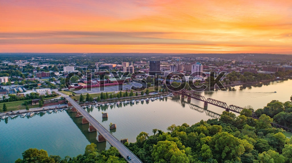 Aerial view of sunrise over Savannah River in Augusta, Georgia