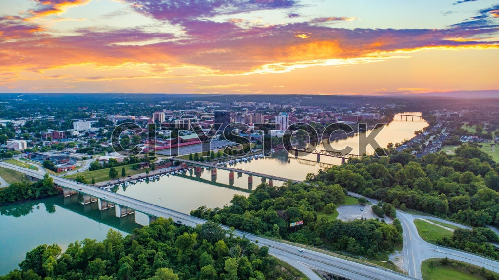 Aerial Sunset View of Augusta Downtown and Savannah River
