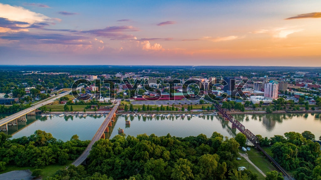 Aerial Cityscape of Augusta, GA with Sunset Over Savannah River
