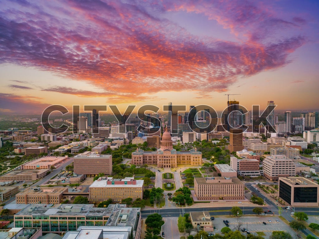 Aerial view of Austin skyline during sunset with Texas State Capitol