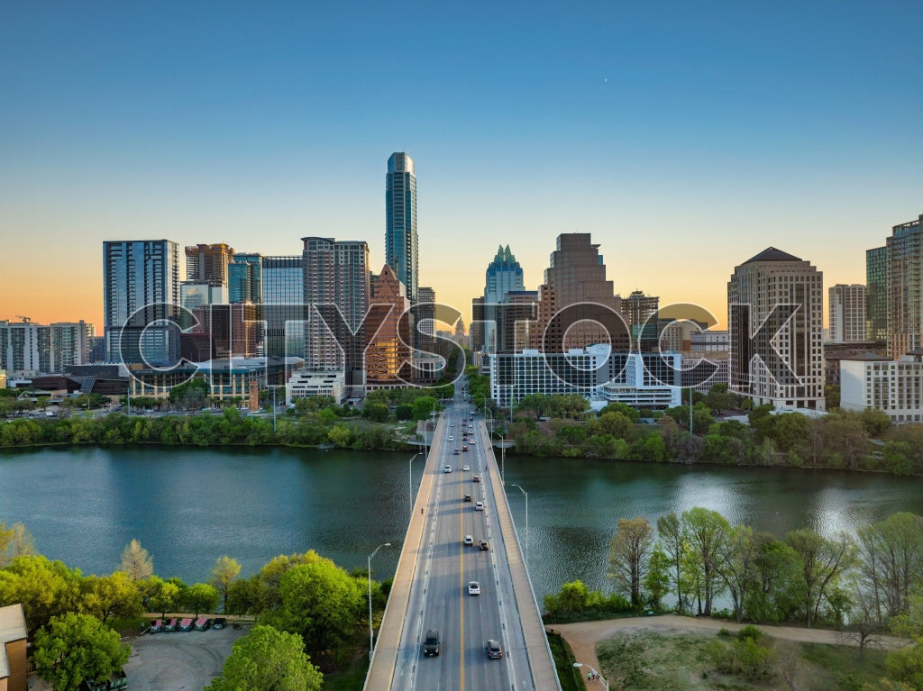 Downtown Austin skyline and Lady Bird Lake at sunrise