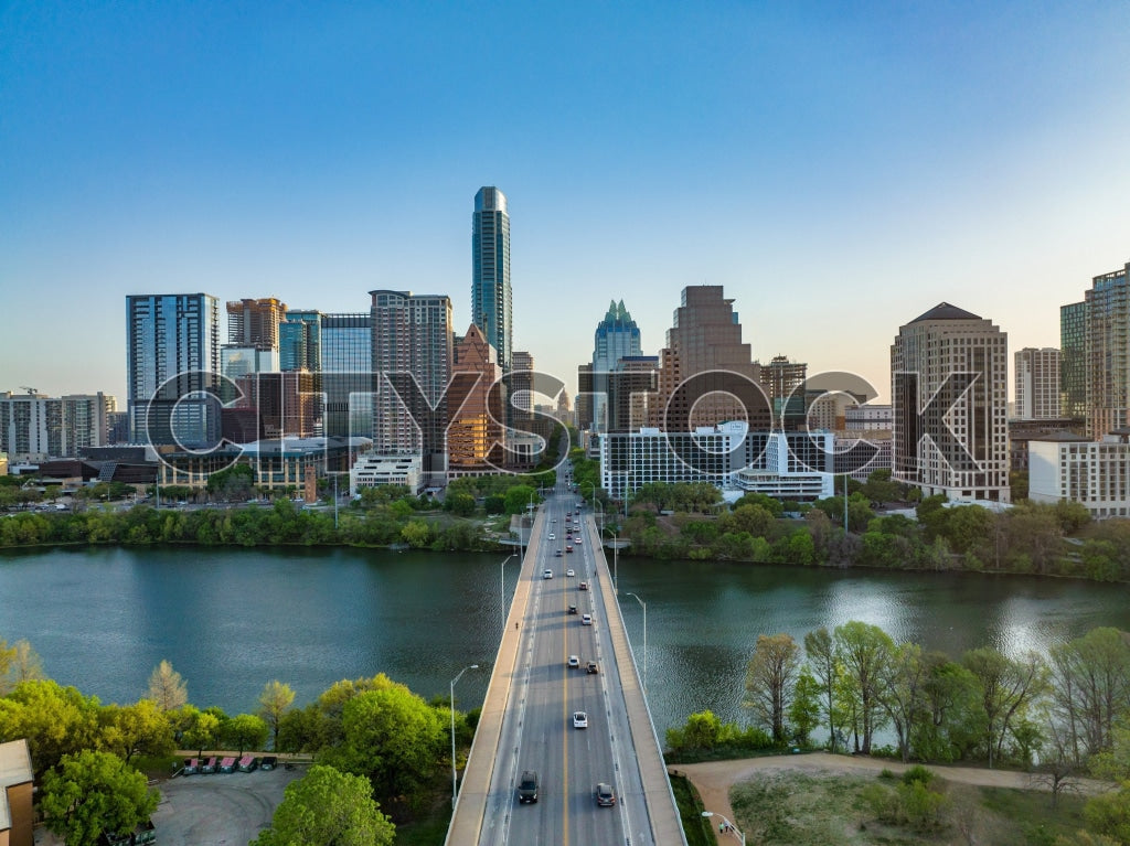 Austin, TX skyline and Colorado River view during sunset