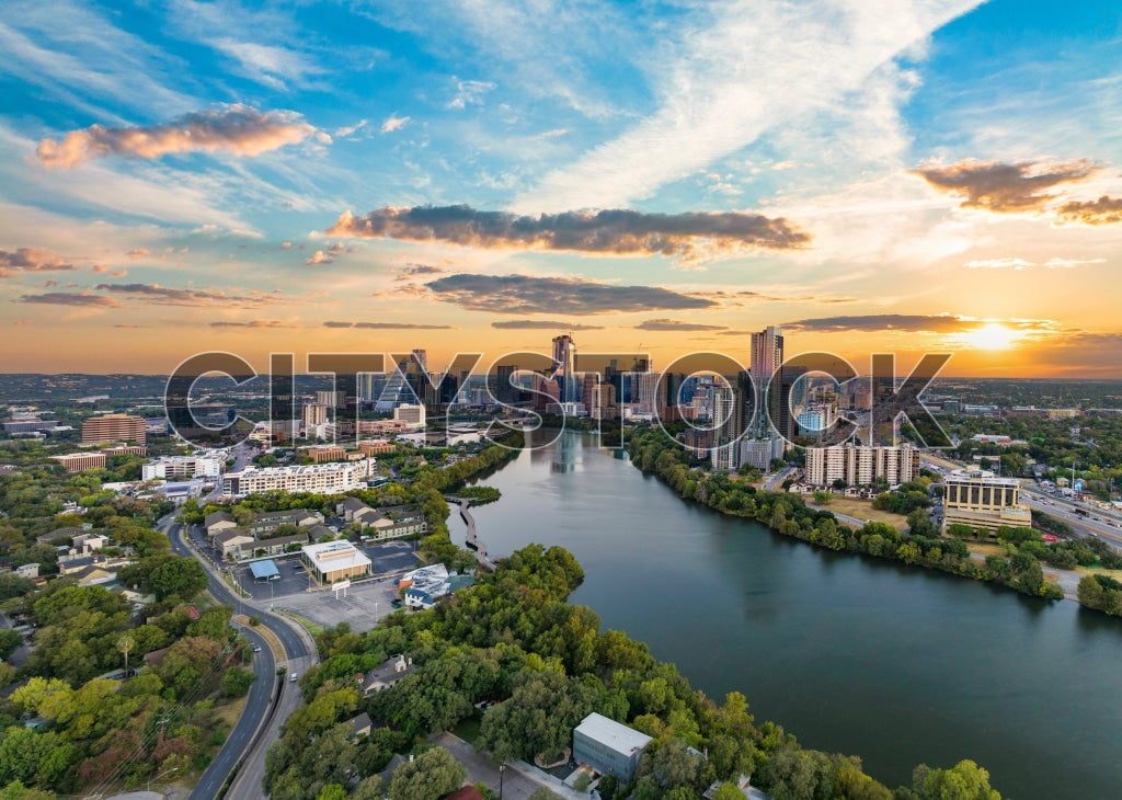 Aerial View of Austin, Texas at Sunset Over the Colorado River