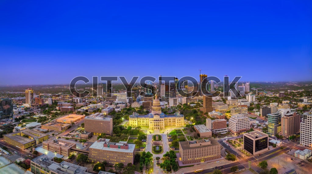 Aerial view of Austin Texas skyline with Texas State Capitol at twilight