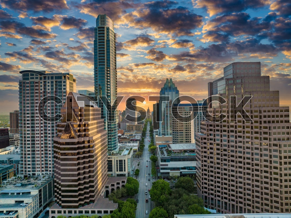 Sunset view of Frost Bank Tower and Austin skyline