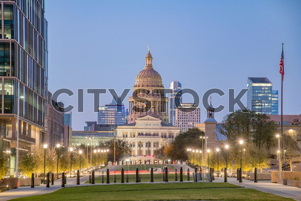 Austin cityscape at twilight featuring Texas State Capitol
