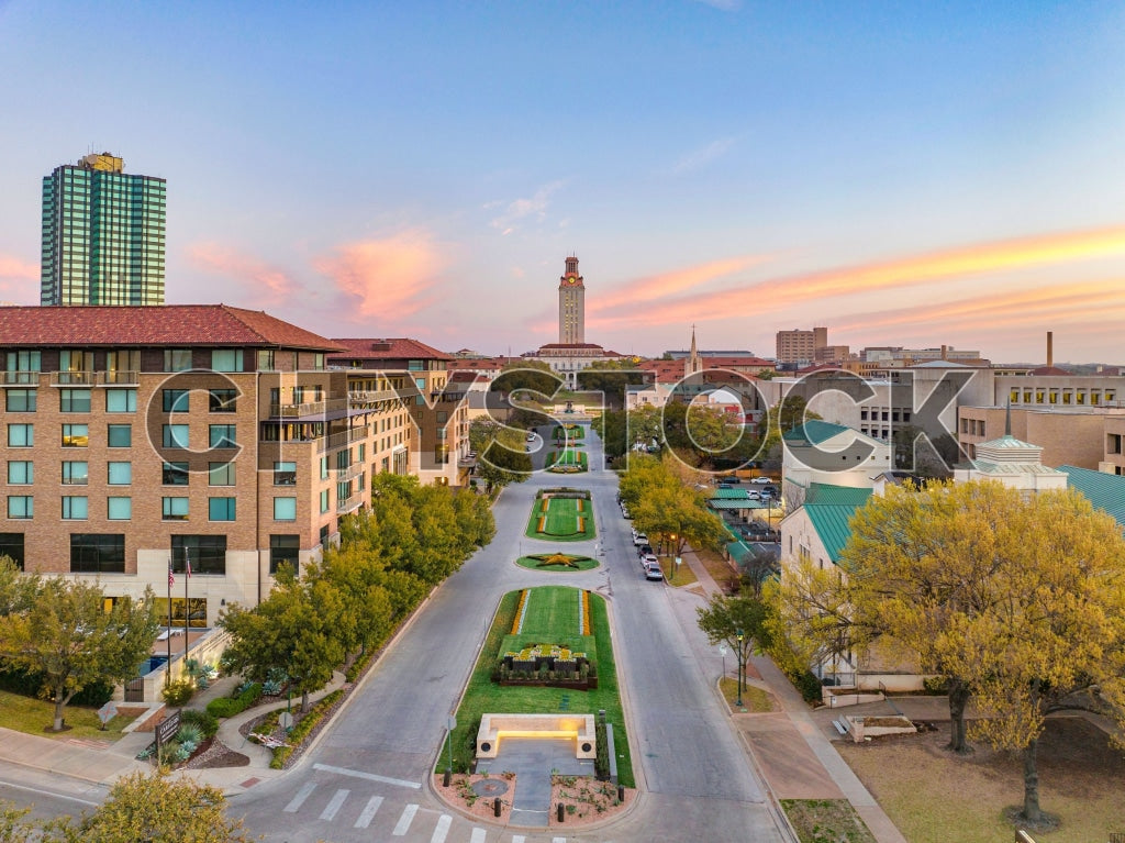 Scenic sunset view over Austin cityscape with UT Tower