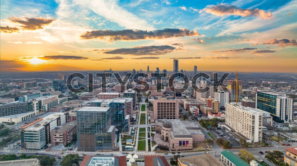Aerial view of Austin Texas skyline during sunset