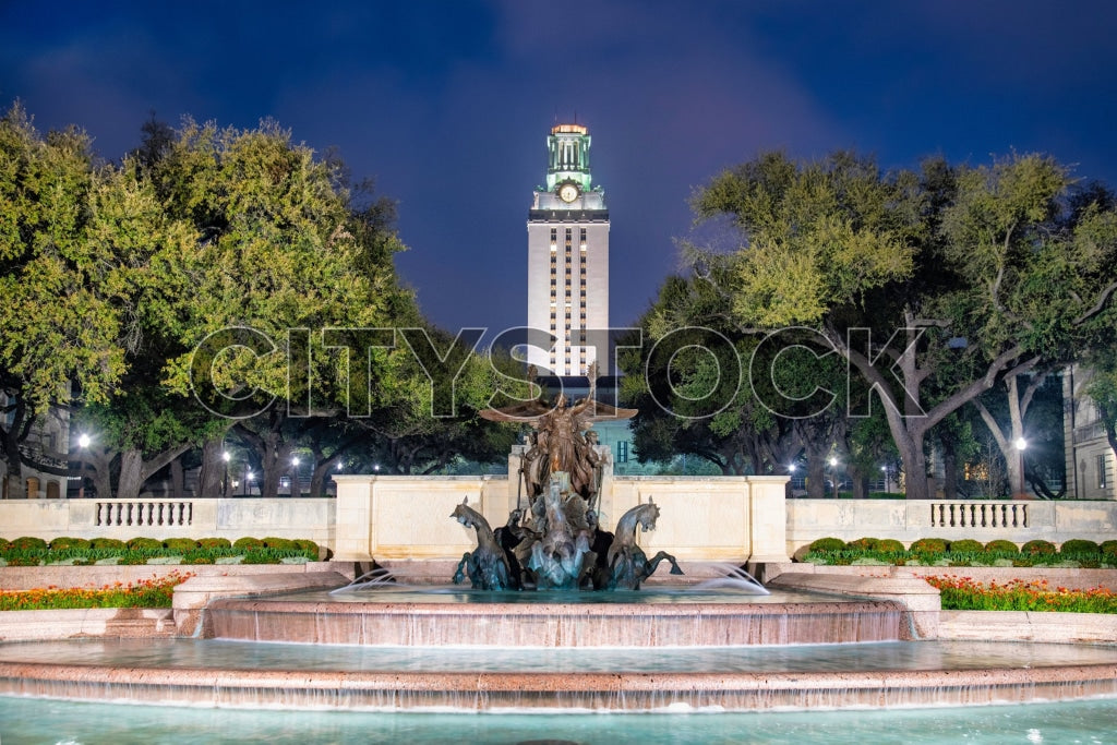 Austin Tower illuminated at night with a lively horse statue fountain