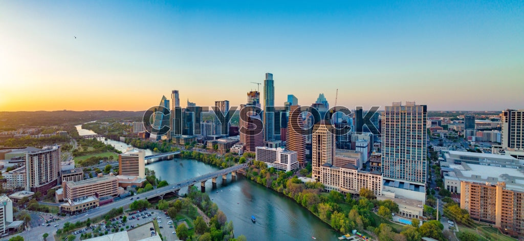 Stunning view of Austin's skyline and Colorado River at sunset