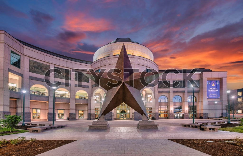 Sunset at Austin Public Building with Modern Sculpture