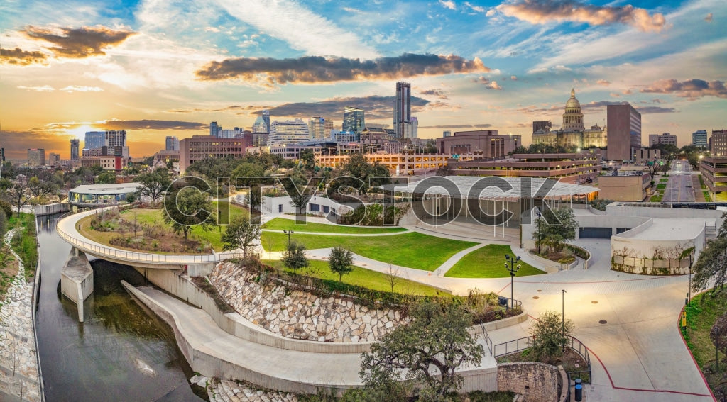 Aerial view of Austin at sunrise with Texas State Capitol in view